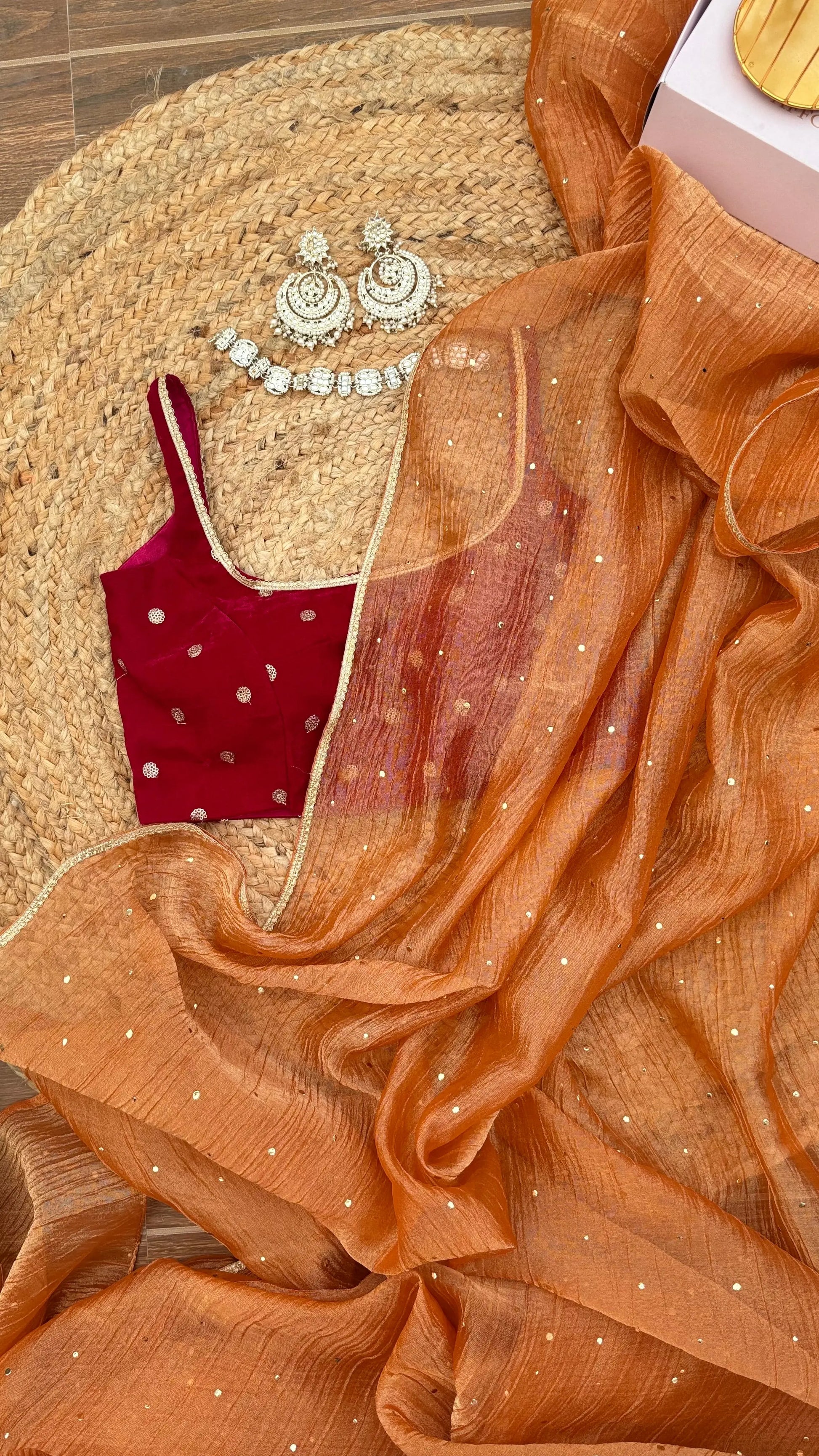 Burnt Orange Pure Tissue Saree with Mukaish Work Kreation by KJ