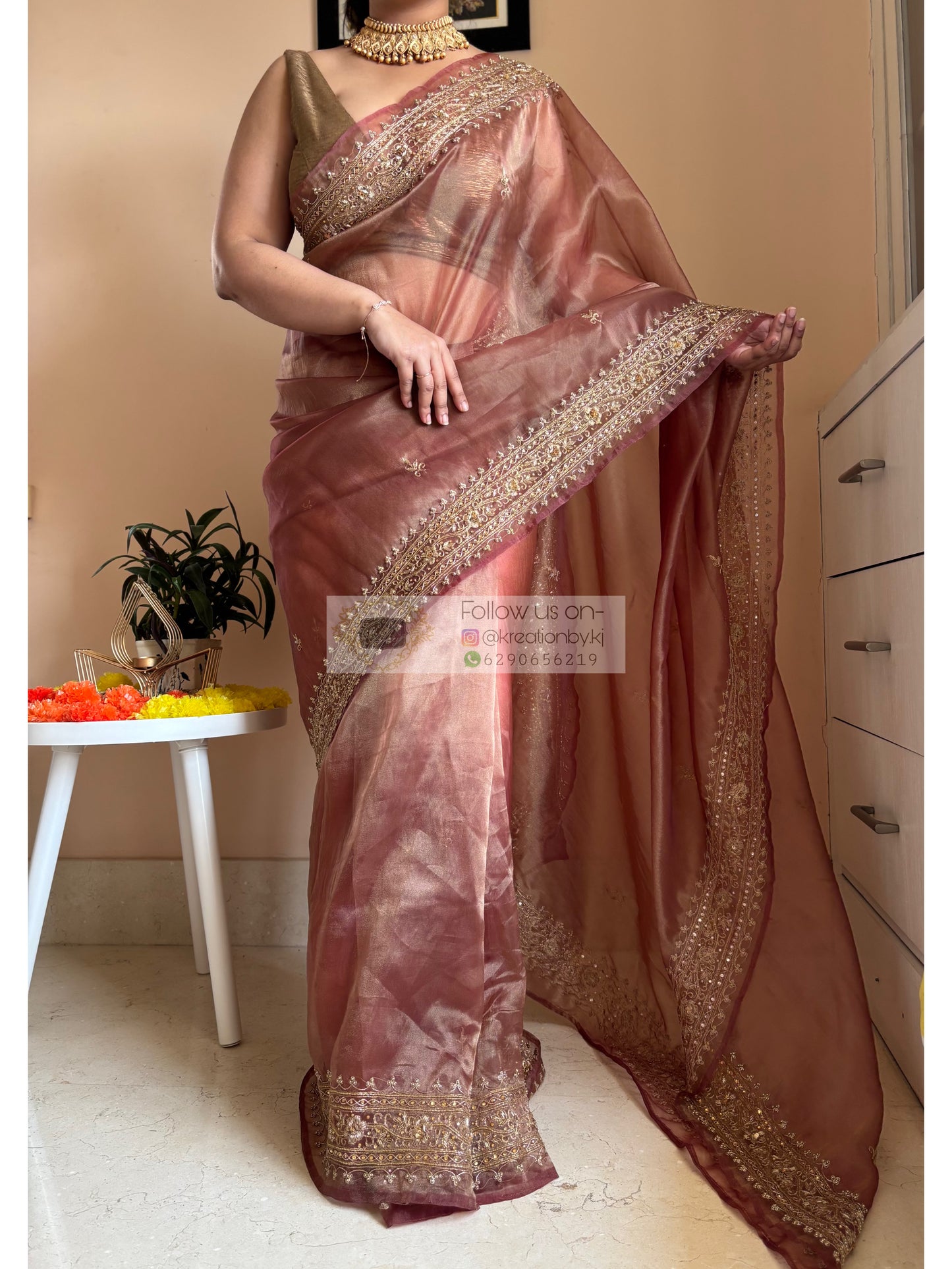 rose beige tissue saree with zardosi work