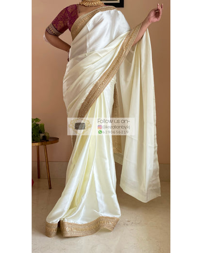 Cream Satin Saree with Beige Border