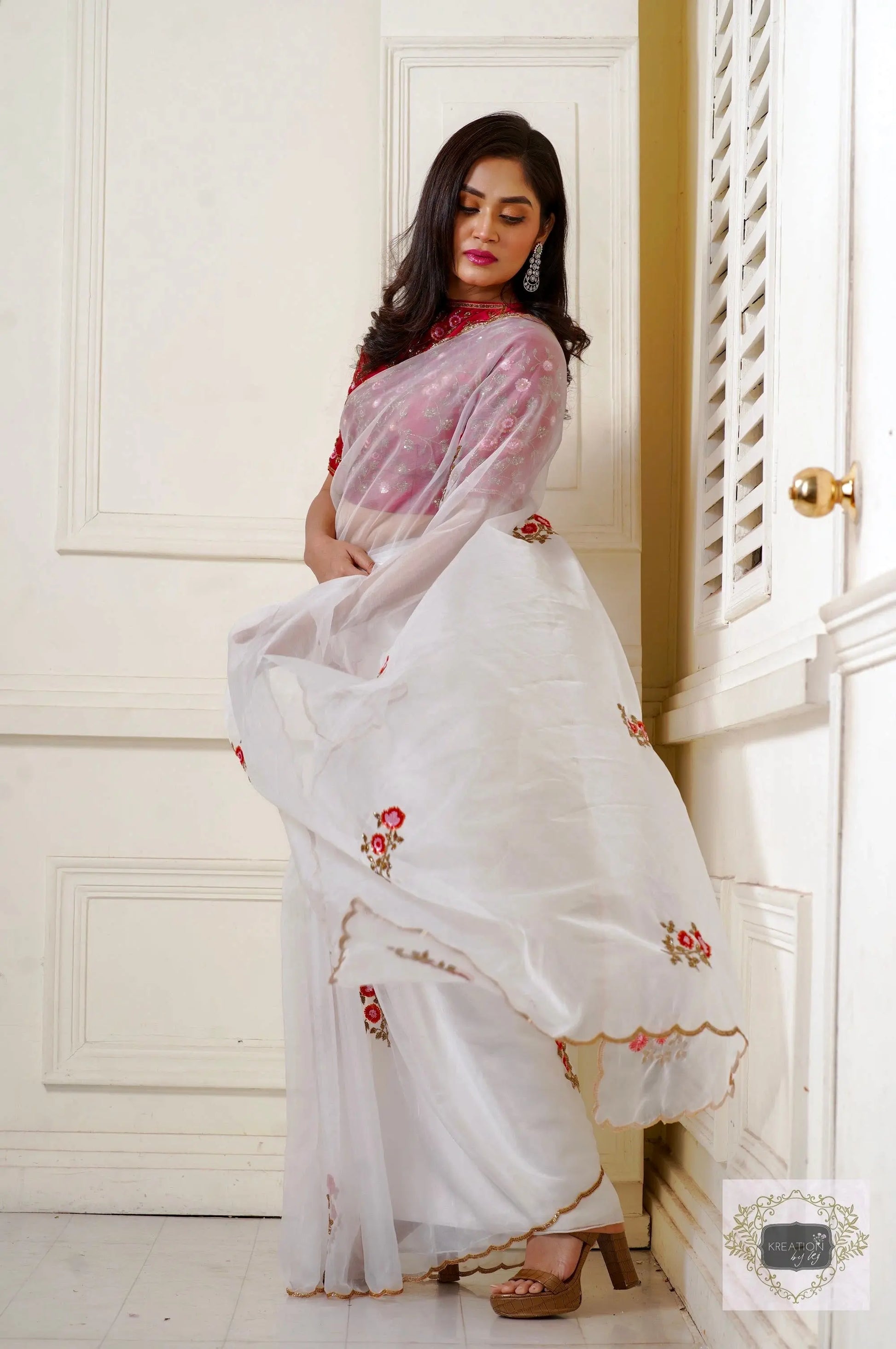 White Organza Remember The Roses Saree kreationbykj