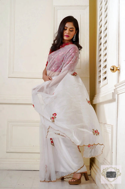 White Organza Remember The Roses Saree kreationbykj
