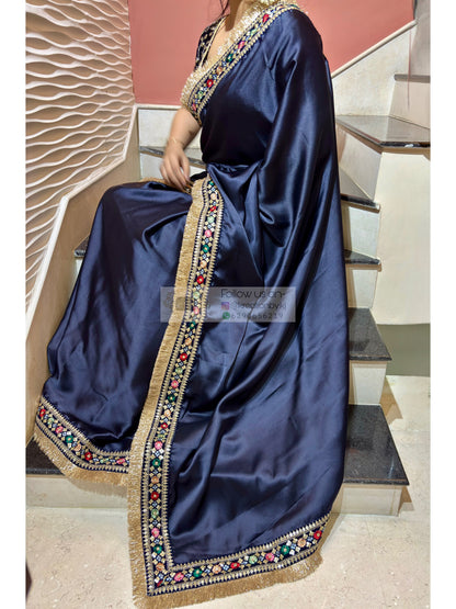 Navy Blue Satin Silk Floral Banno Saree kreationbykj