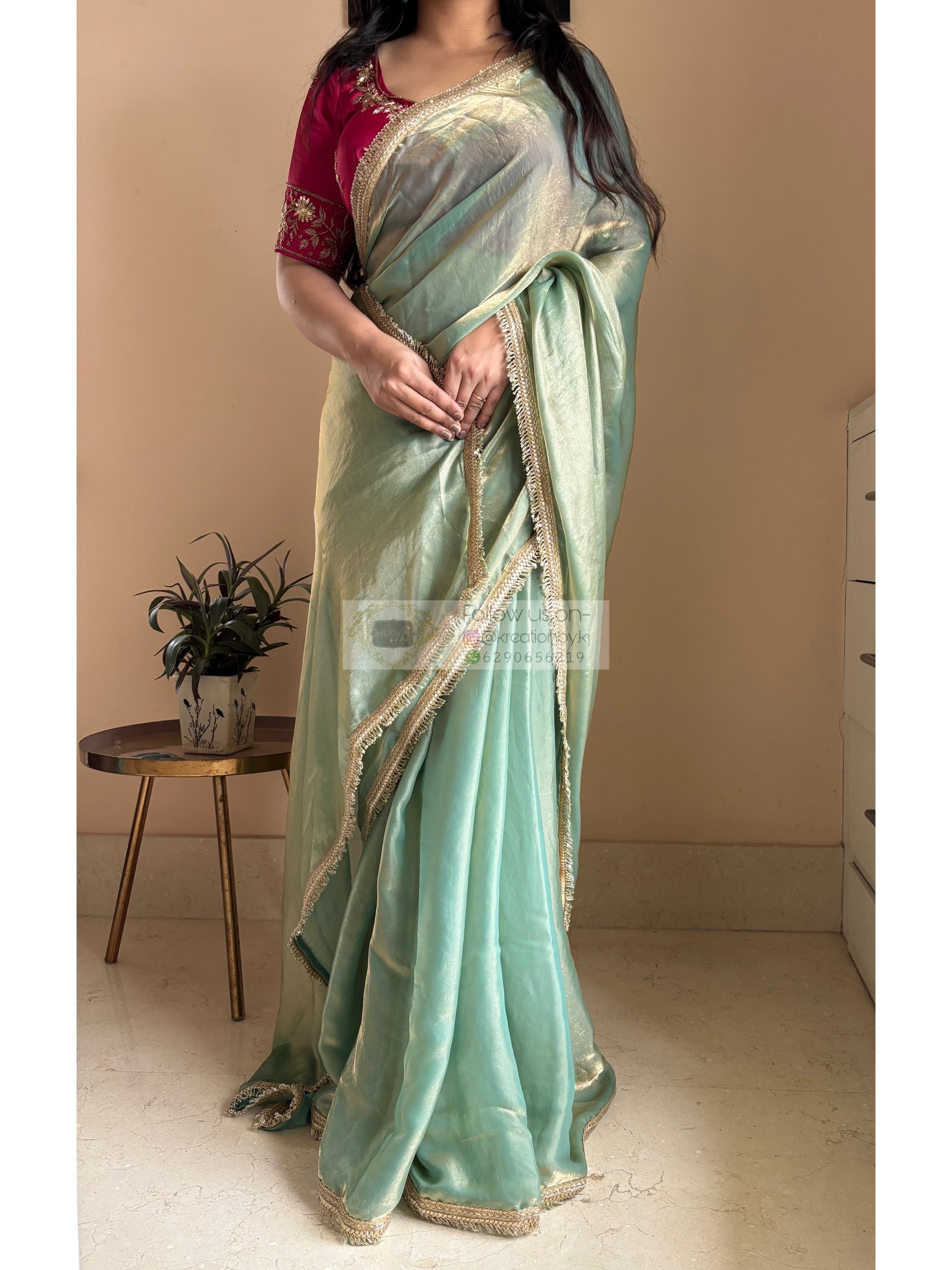 Pastel Green Metallic Shimmer Banno Saree kreationbykj