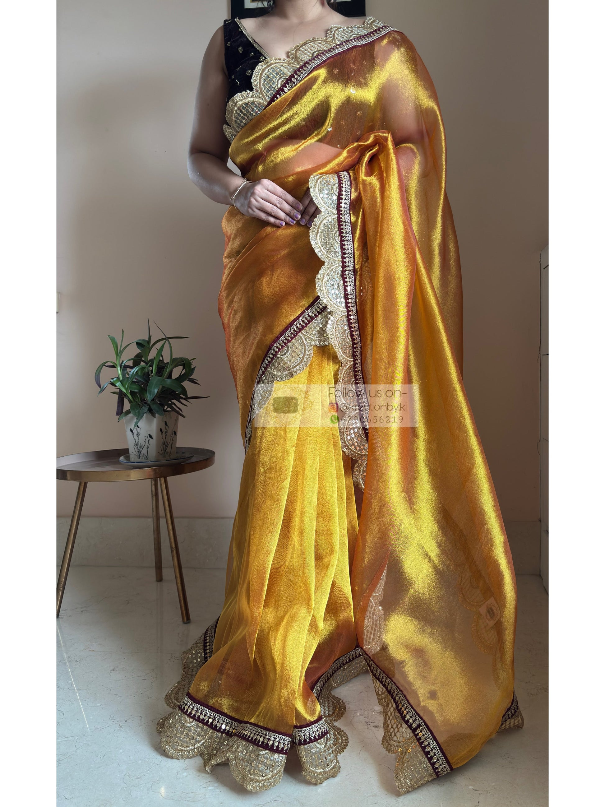 Fiery Gold Zari Tissue Mehraab Border Saree kreationbykj