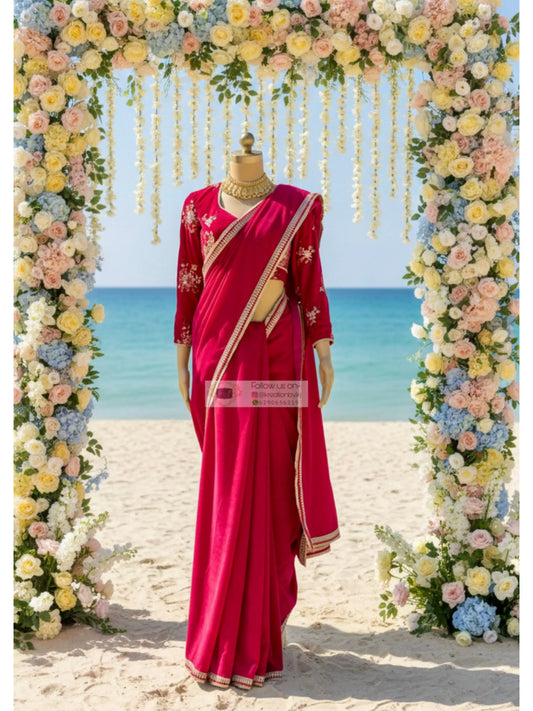 Rani Pink Velvet Banno Saree kreationbykj