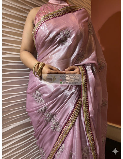Lilac Metallic Organza Saree With Embellished Border kreationbykj