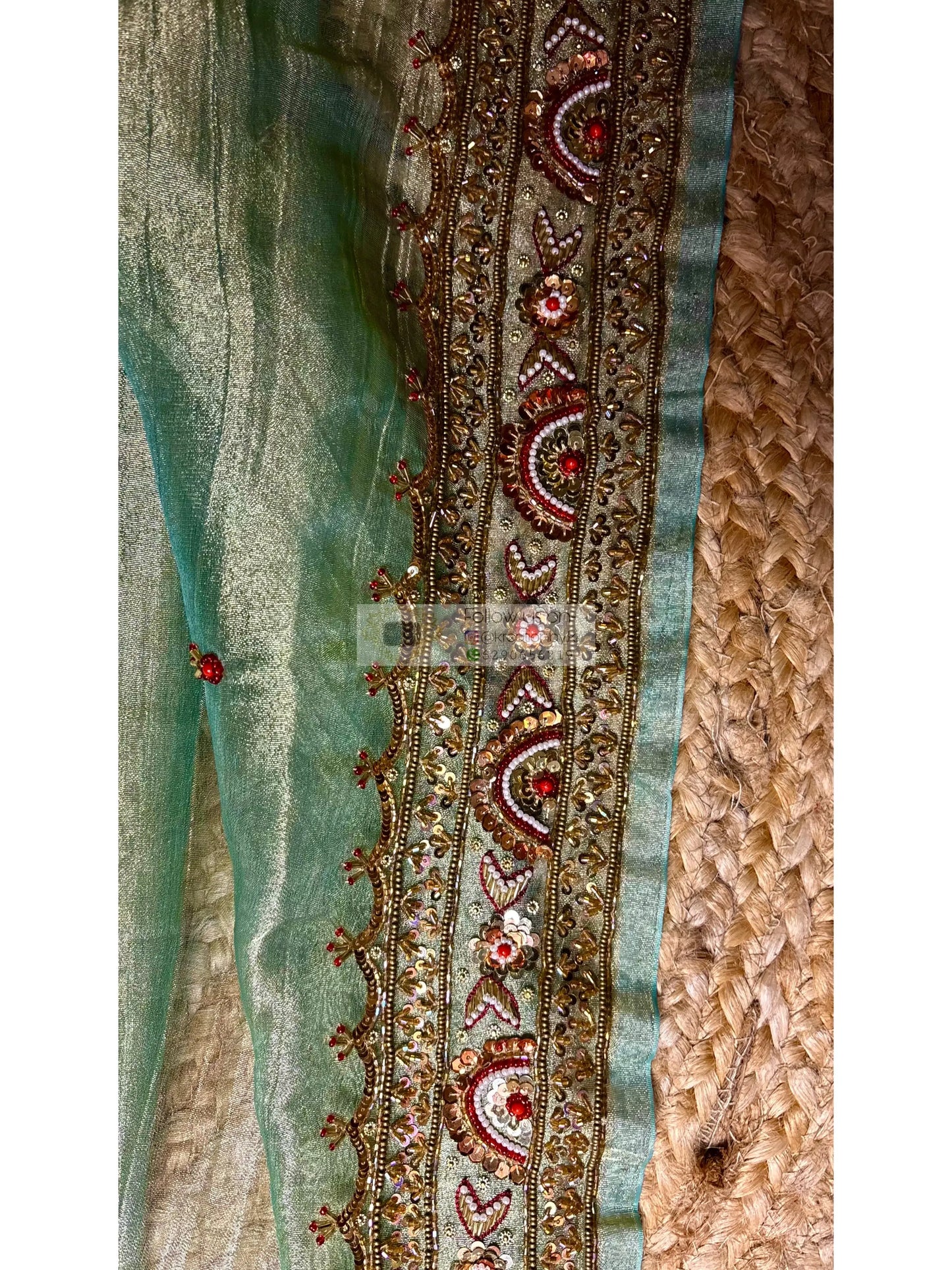 Crushed Green Tissue Saree With Hand embroidered Border