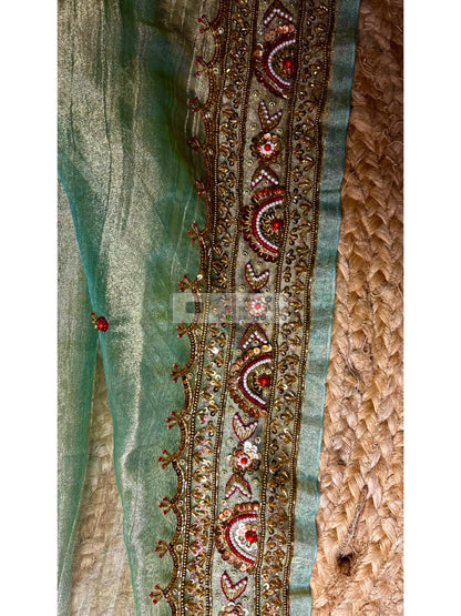 Crushed Green Tissue Saree With Hand embroidered Border