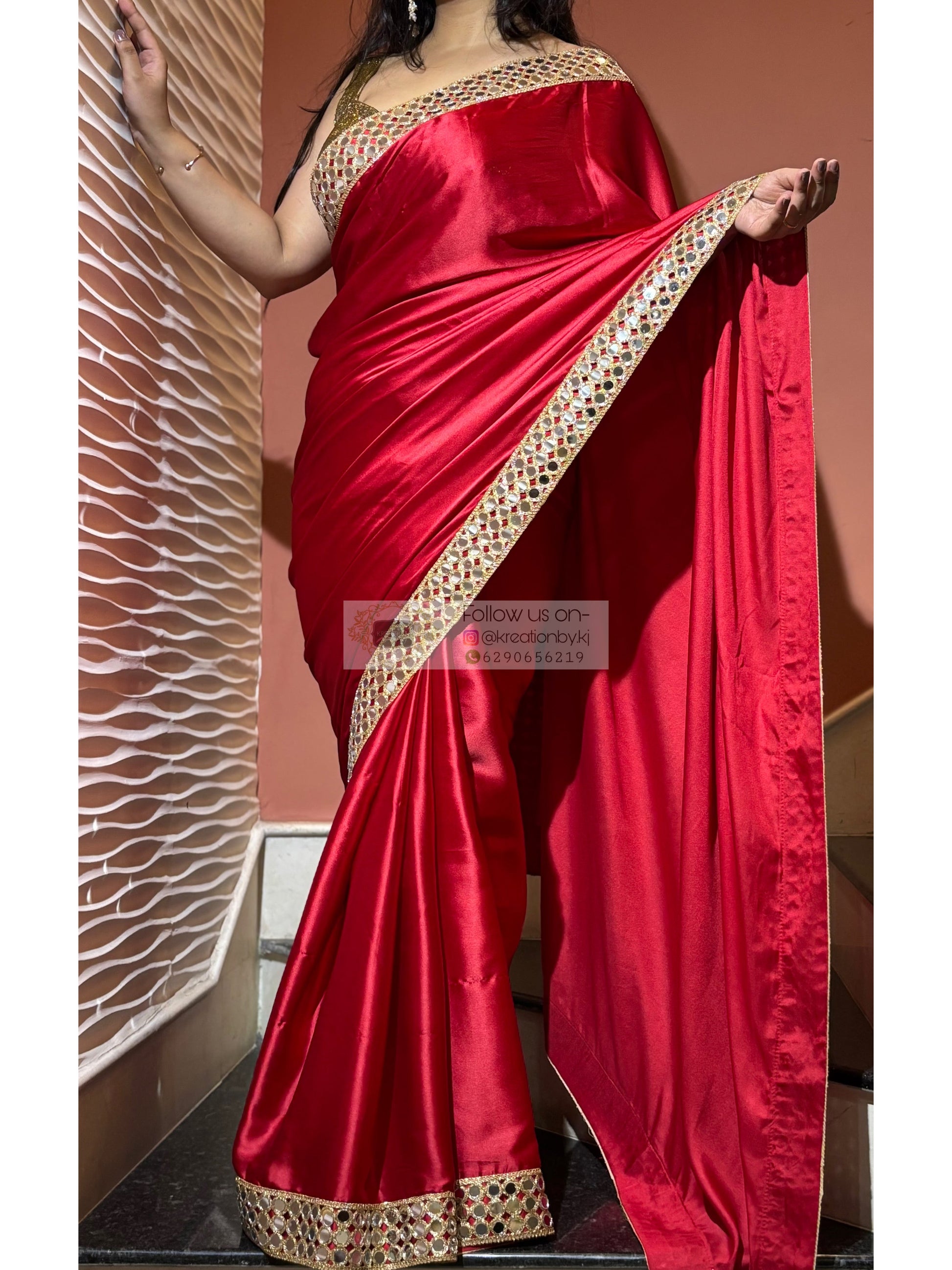 Crimson Red  Satin Silk Saree with Mirror Border kreationbykj