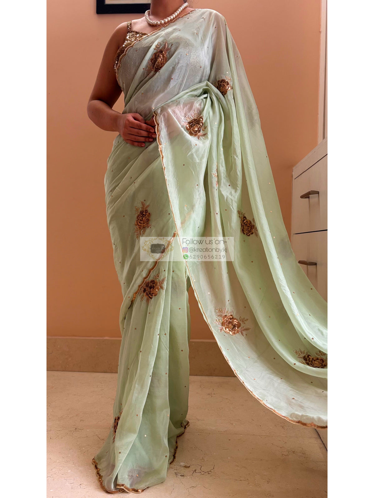 A Moment in Rose In Mint Green Organza Saree