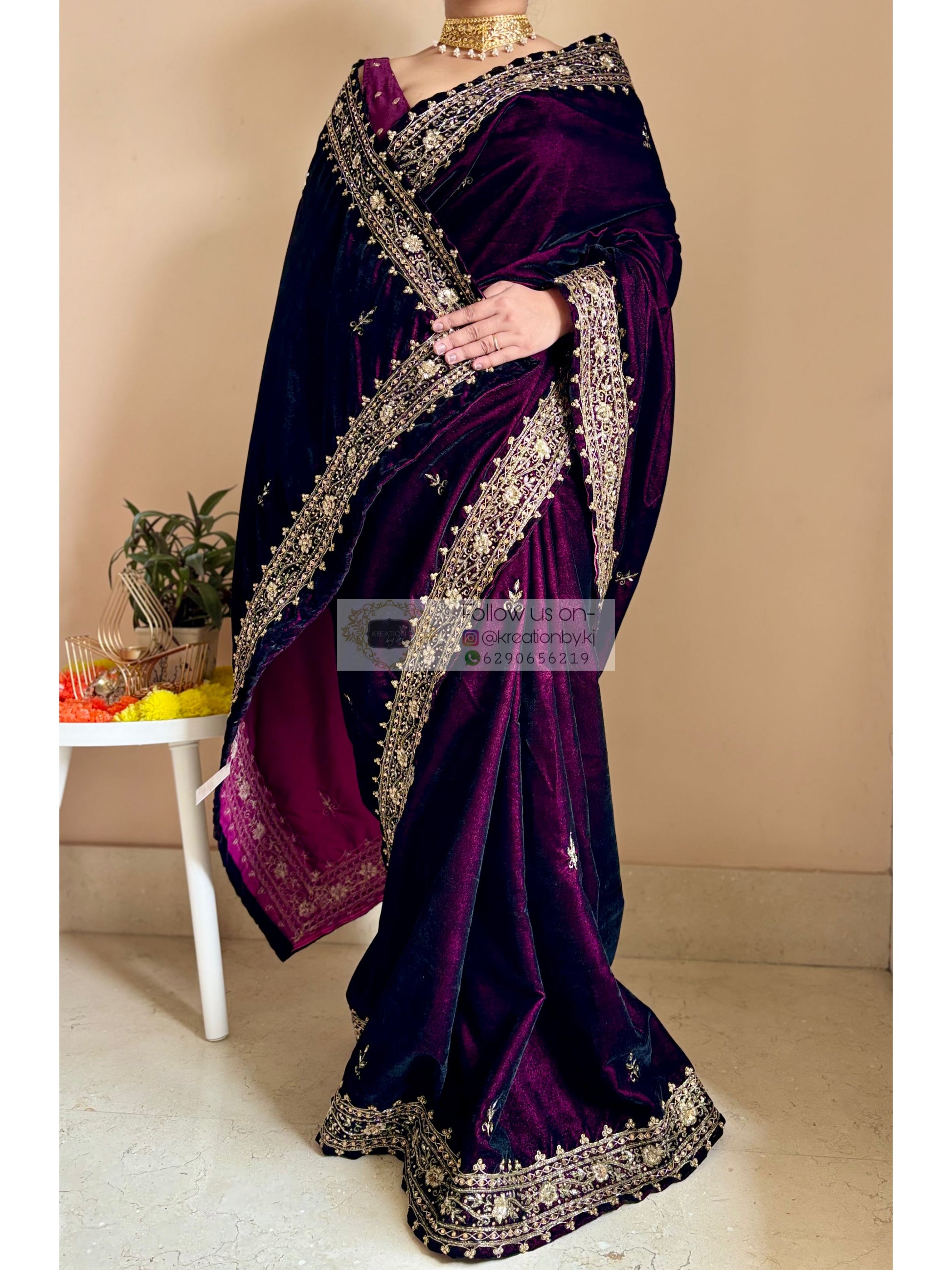 Dark Wine Velvet Zarina Saree Kreation by KJ