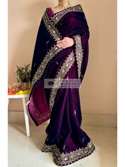 Dark Wine Velvet Zarina Saree Kreation by KJ