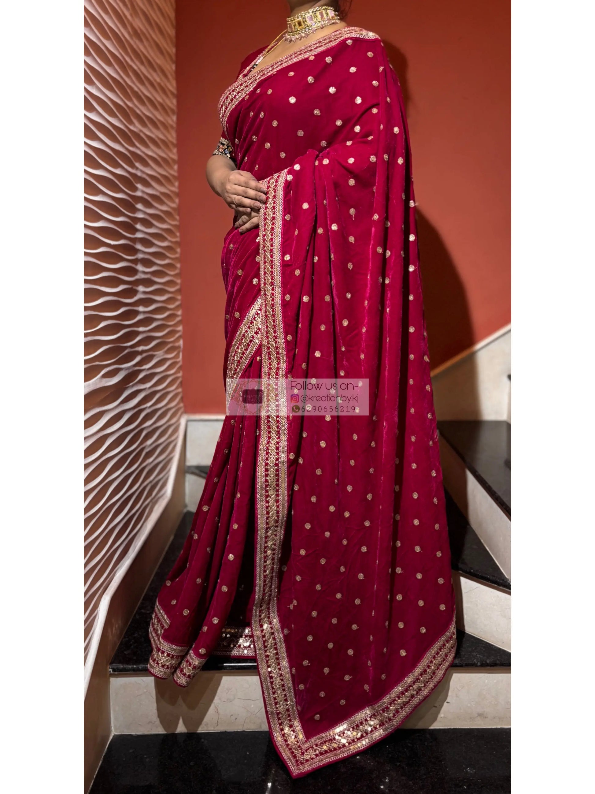 Royal Magenta Pink Velvet Saree Kreation by KJ