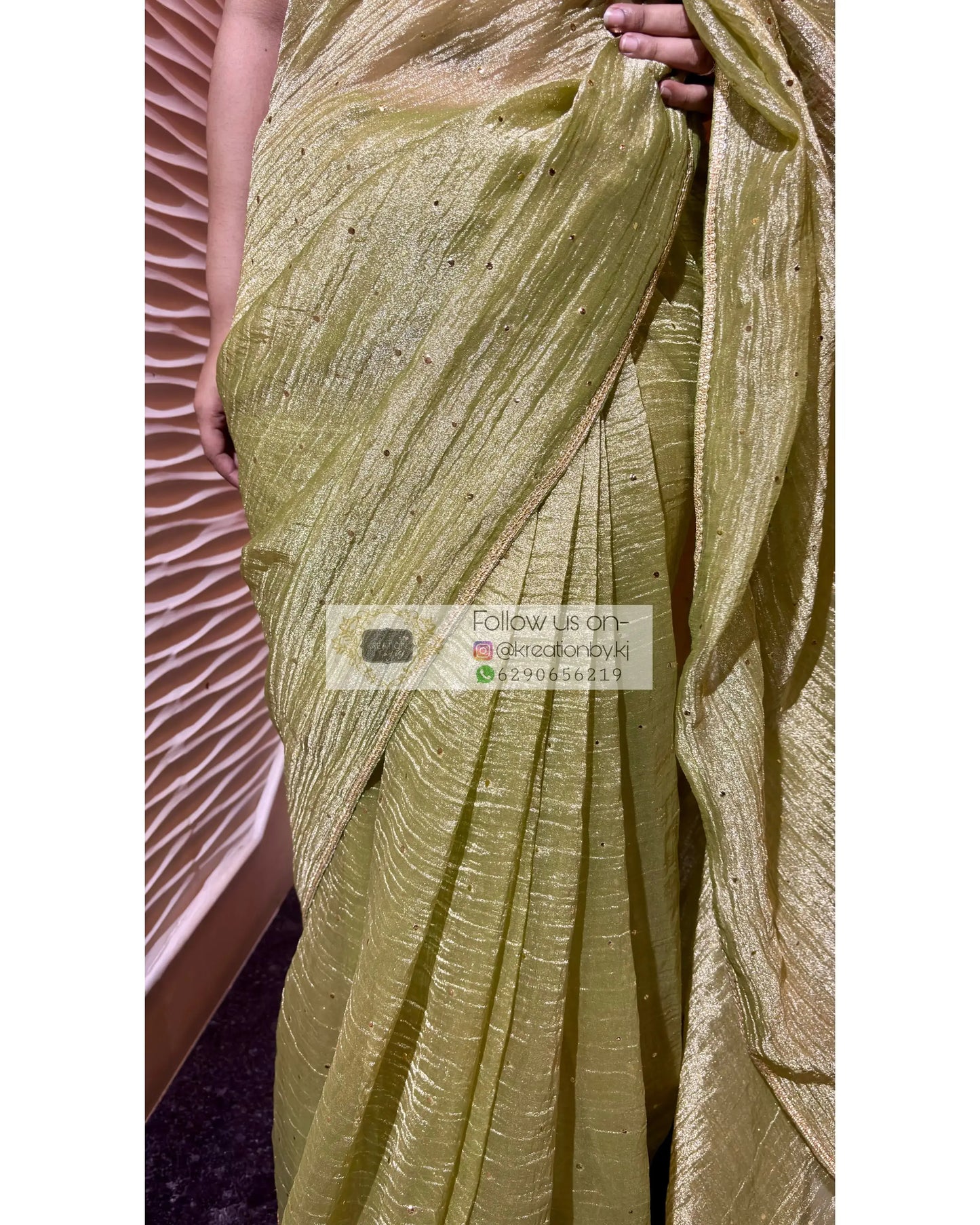 Mint Green Crushed Tissue Saree with Mukaish Work Kreation by KJ