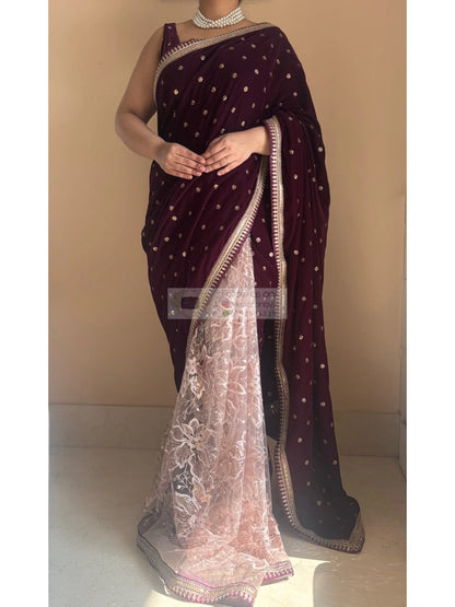 Purple Wine Velvet And Net Embellished Saree Kreation by KJ
