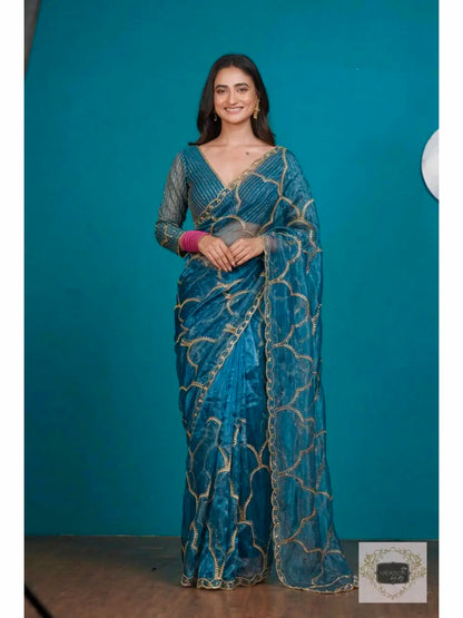 Glass tissue zardosi work bridal saree