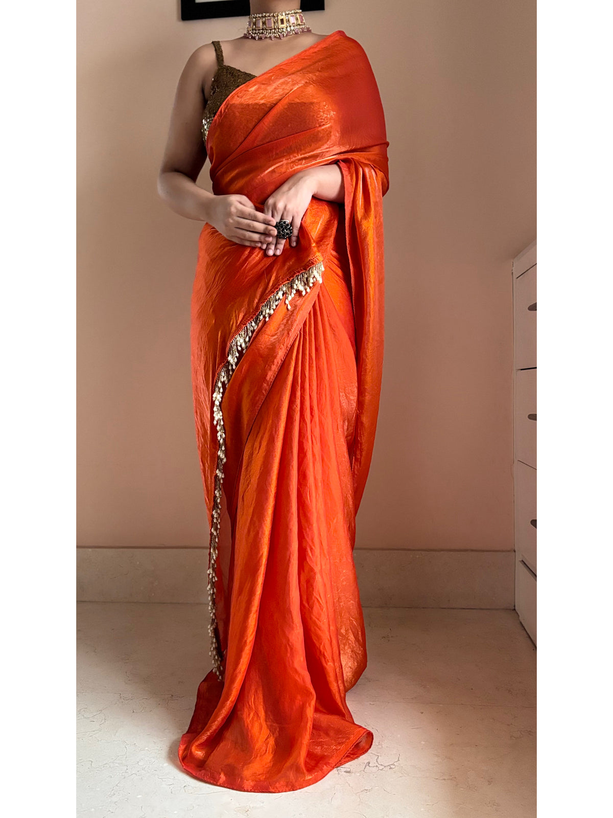 Fanta Orange Metallic Satin Saree