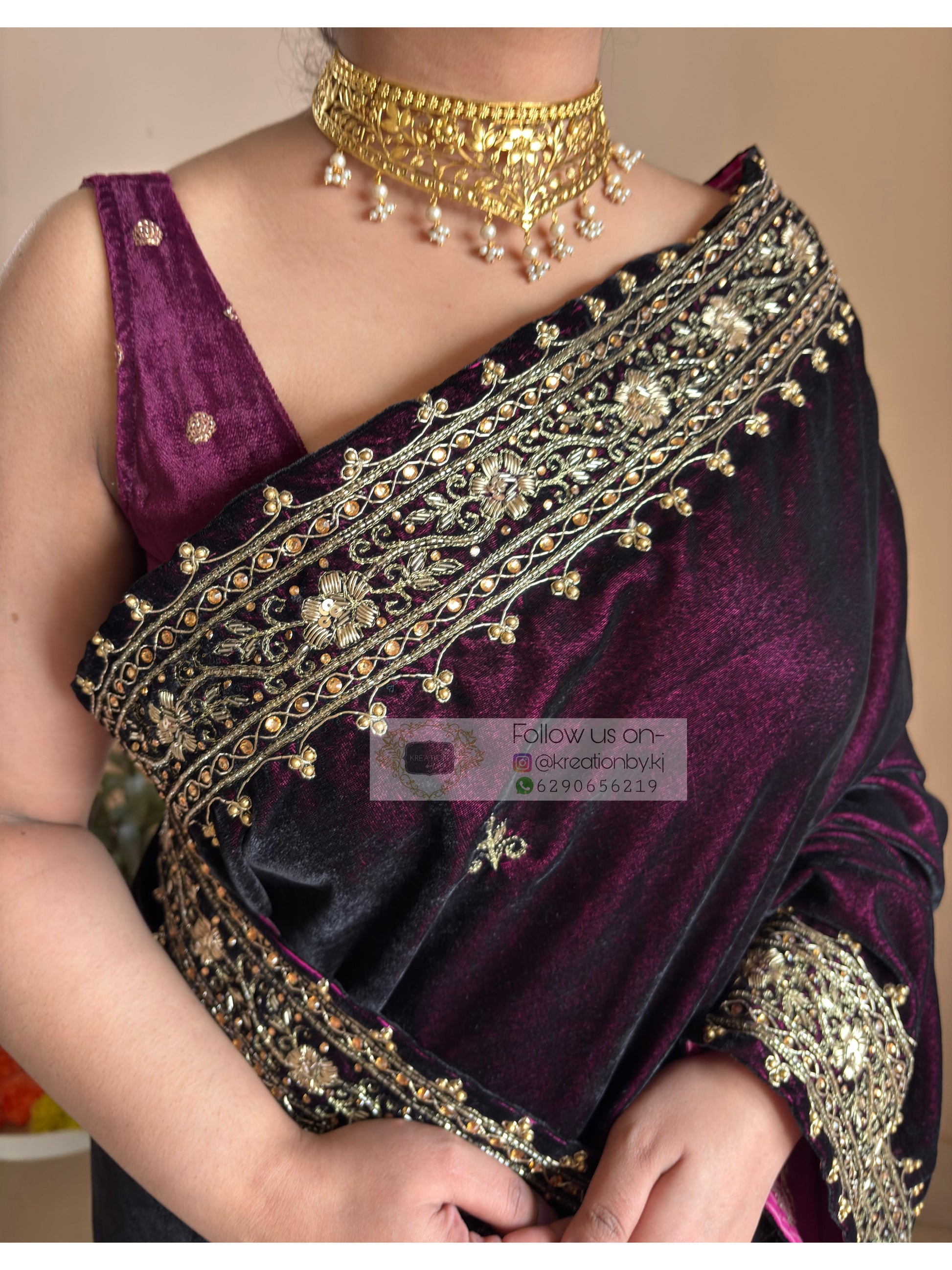 Dark Wine Velvet Zarina Saree Kreation by KJ