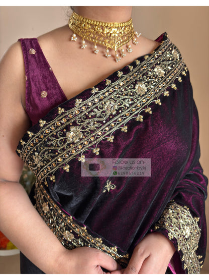 Dark Wine Velvet Zarina Saree Kreation by KJ