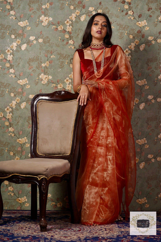 Marigold Glass Tissue Saree kreationbykj