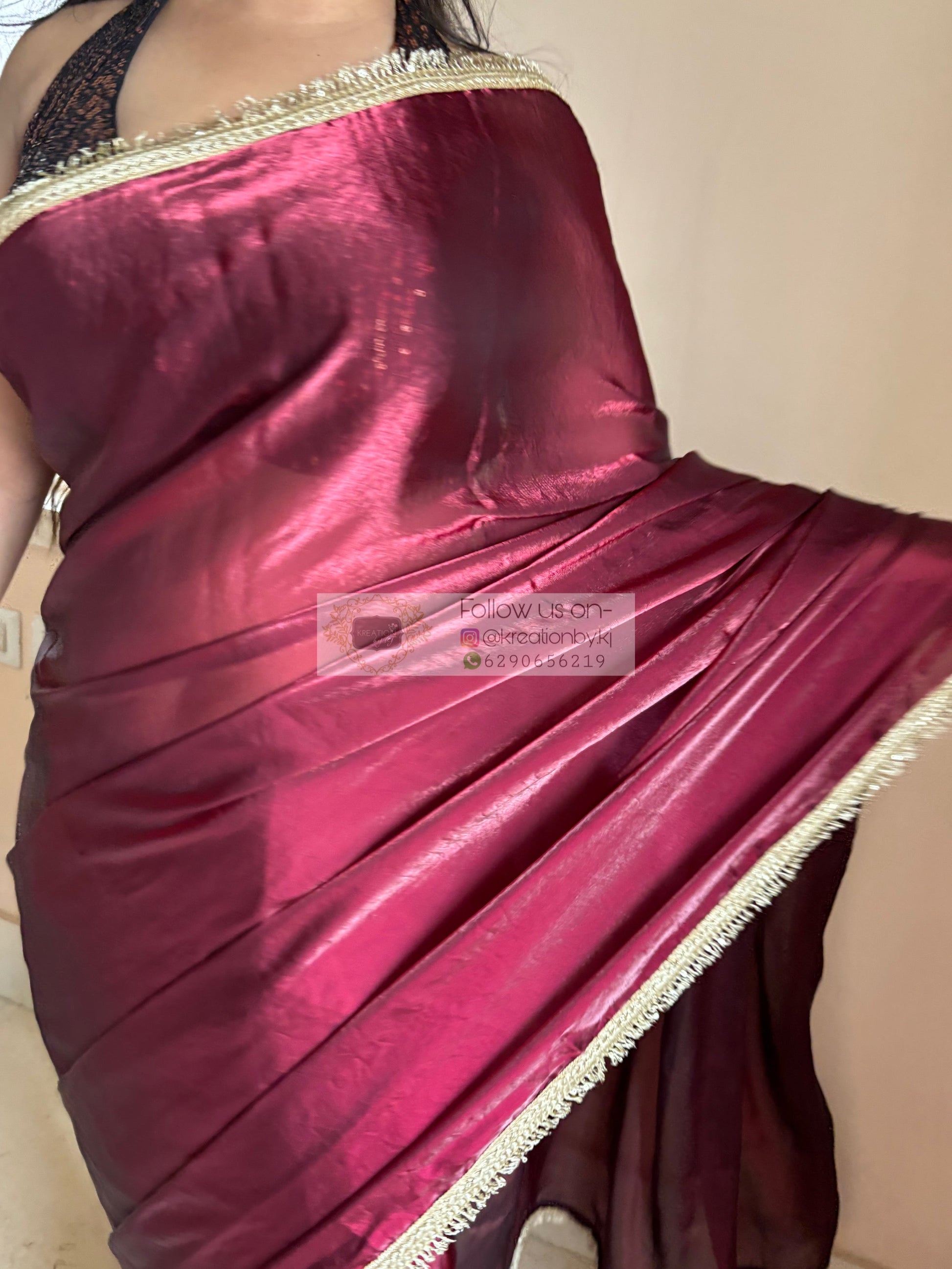 Cheery Wine Metallic Shimmer satin Banno Saree kreationbykj