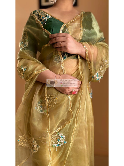 Scent of Yesterday Pista Green Glass Tissue Saree Kreation by KJ