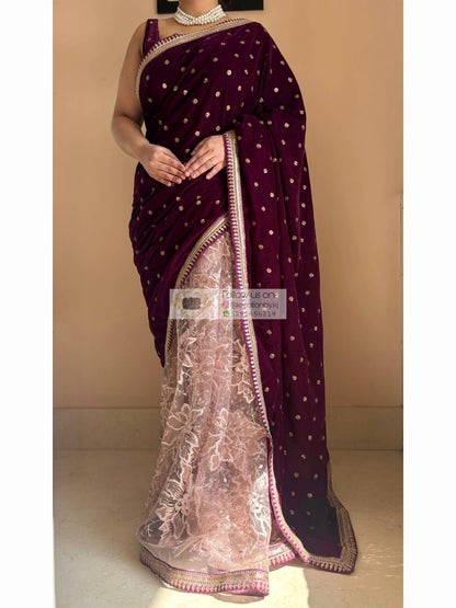 Purple Wine Velvet And Net Embellished Saree Kreation by KJ