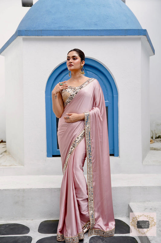 Lilac Satin Silk Saree with Cut Mirror work Lace kreationbykj