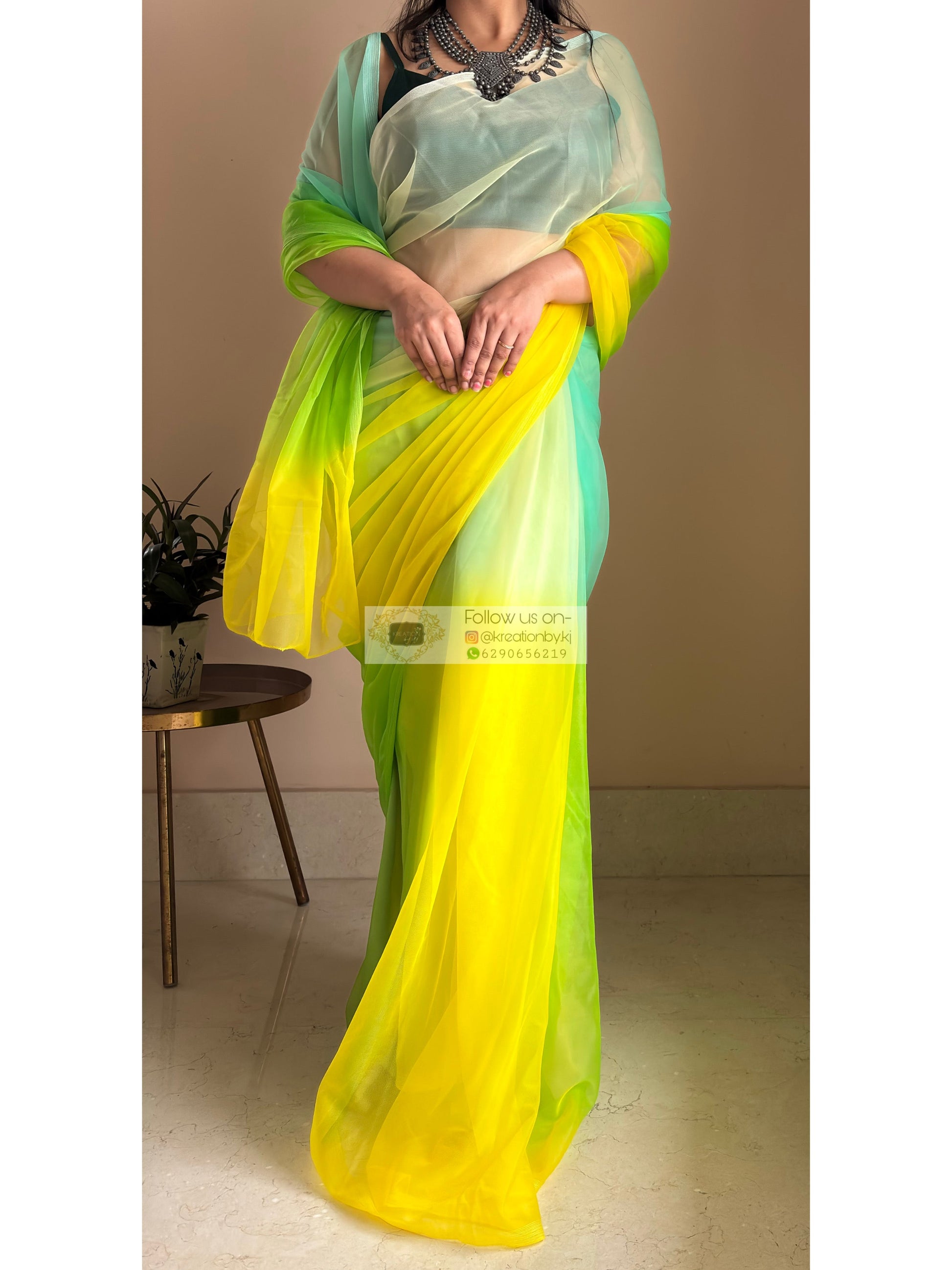 Green and yellow Net Ombre Saree kreationbykj