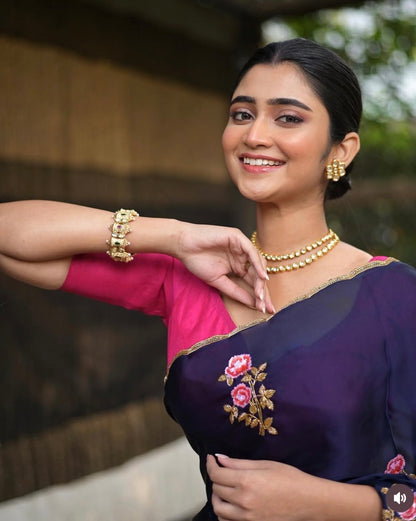 Remember the Roses Navy Blue Crepe Silk Saree