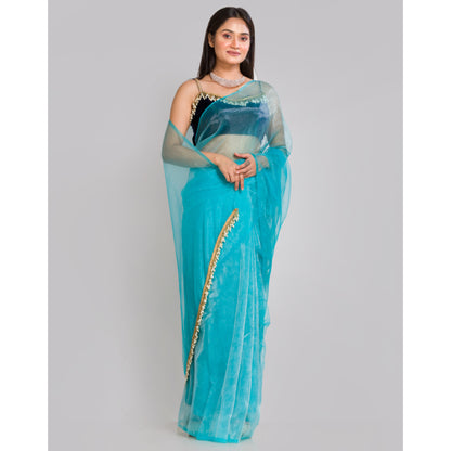 Sky Blue Glass Tissue Saree With Cutdana Tassels