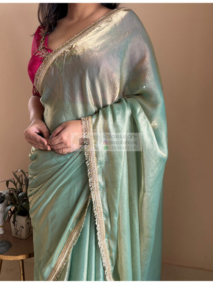 Pastel Green Metallic Shimmer Banno Saree kreationbykj