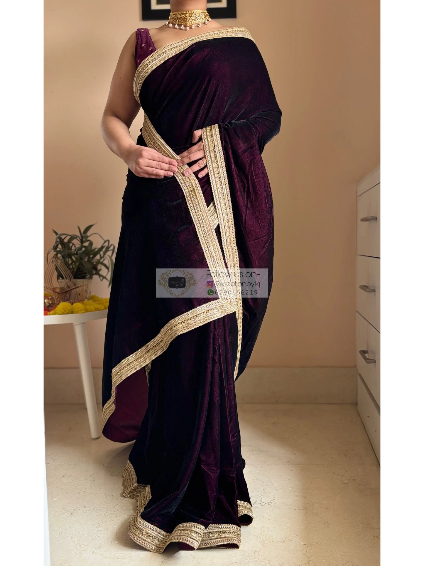 Dark Wine Velvet Saree with Golden Border kreationbykj
