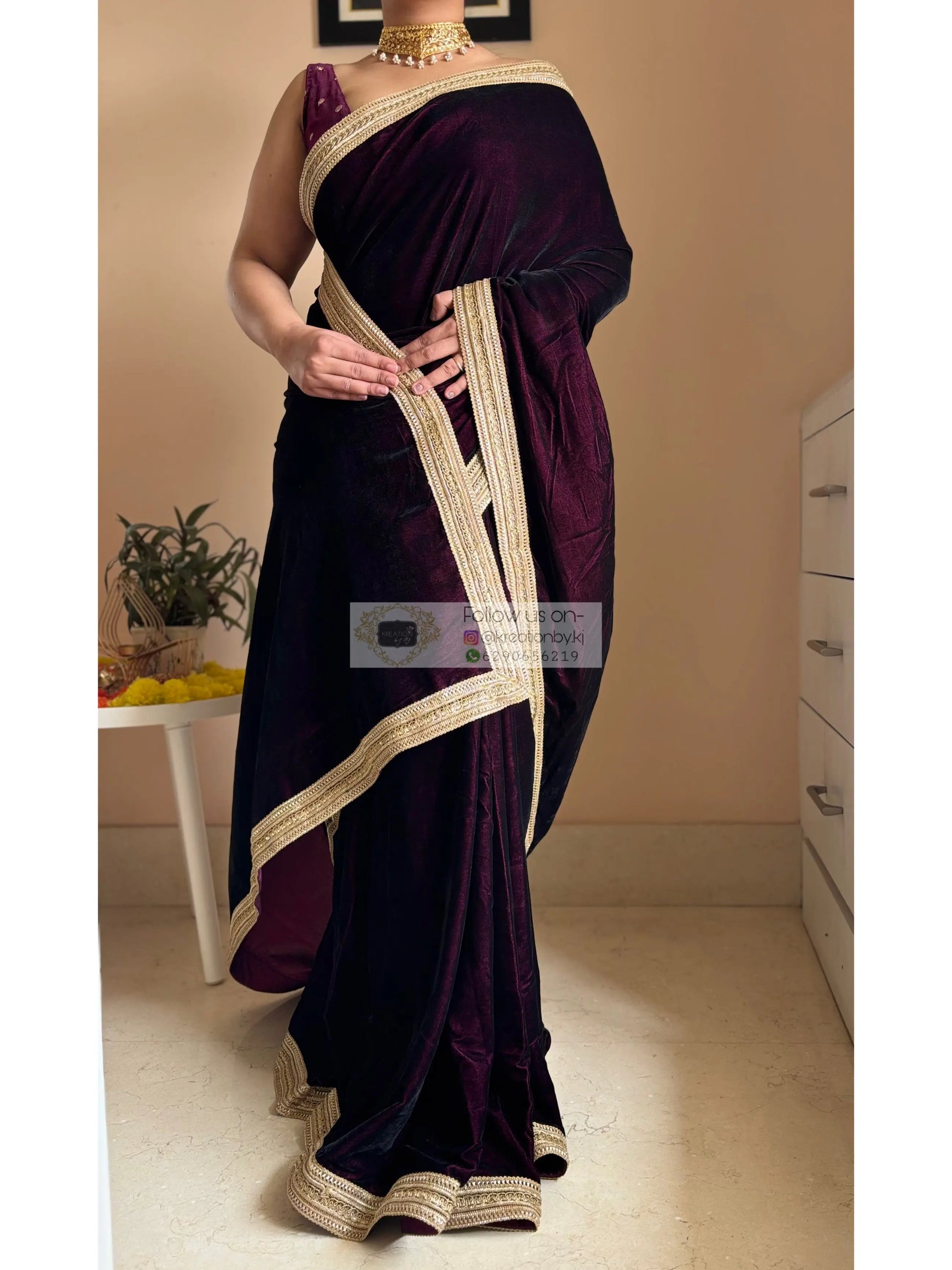 Dark Wine Velvet Saree with Golden Border kreationbykj