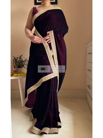 Dark Wine Velvet Saree with Golden Border kreationbykj