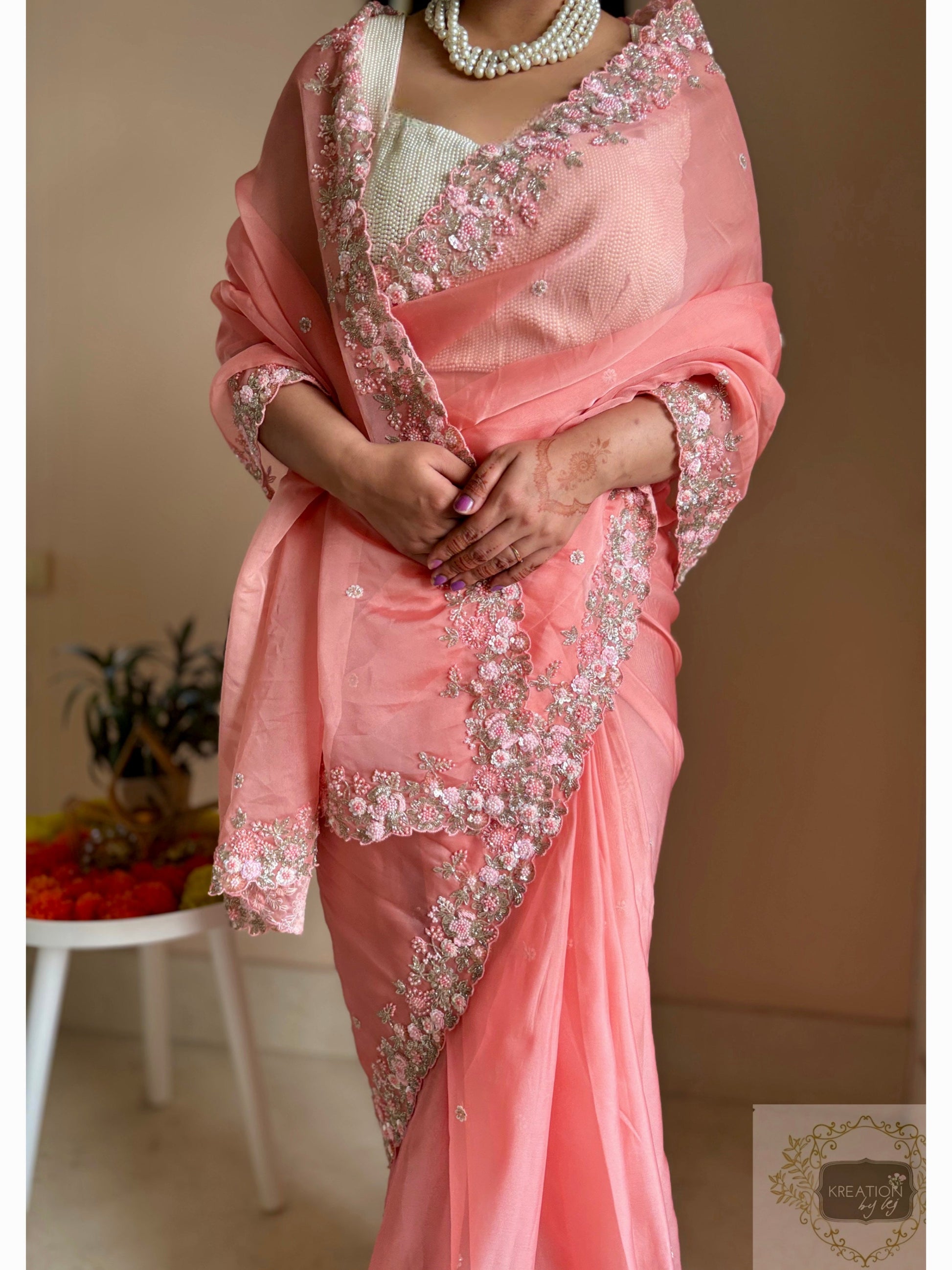 Peach Floral Haze Organza Saree Kreation by KJ