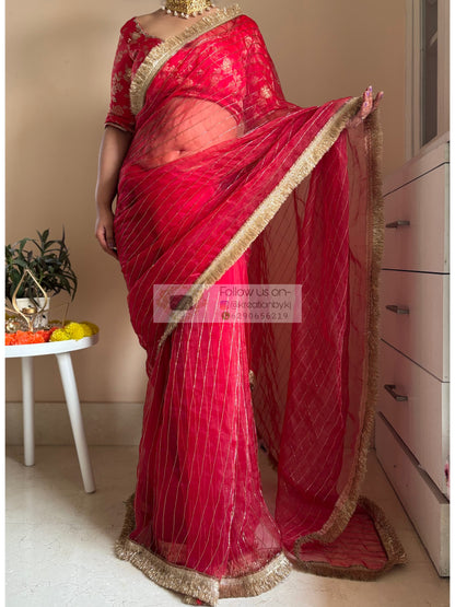 Red Noorani Banno Organza Saree Kreation by KJ