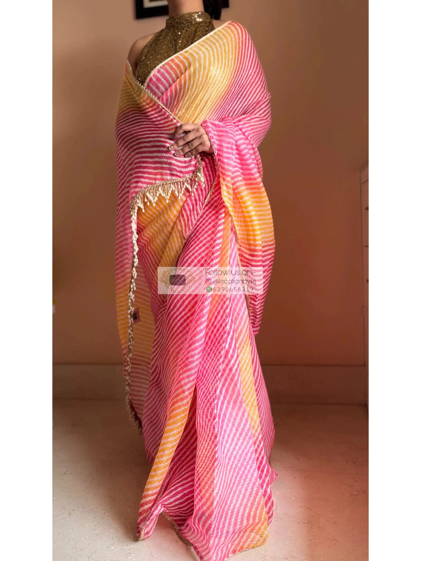 Pink Yellow Leheriya Ombre Saree Kreation by KJ