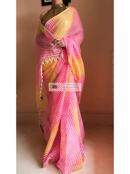 Pink Yellow Leheriya Ombre Saree Kreation by KJ