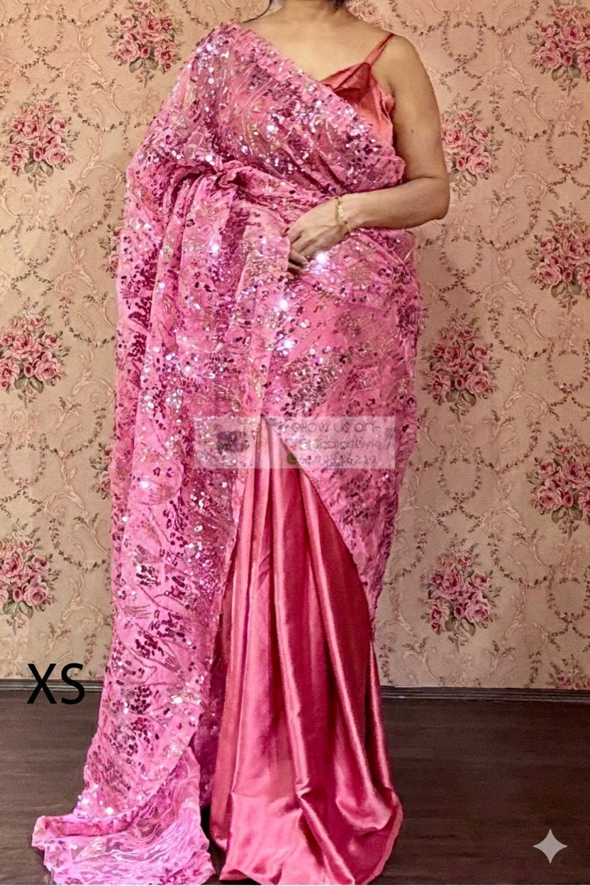 Pink Mermaid Sequin Partywear Saree kreationbykj
