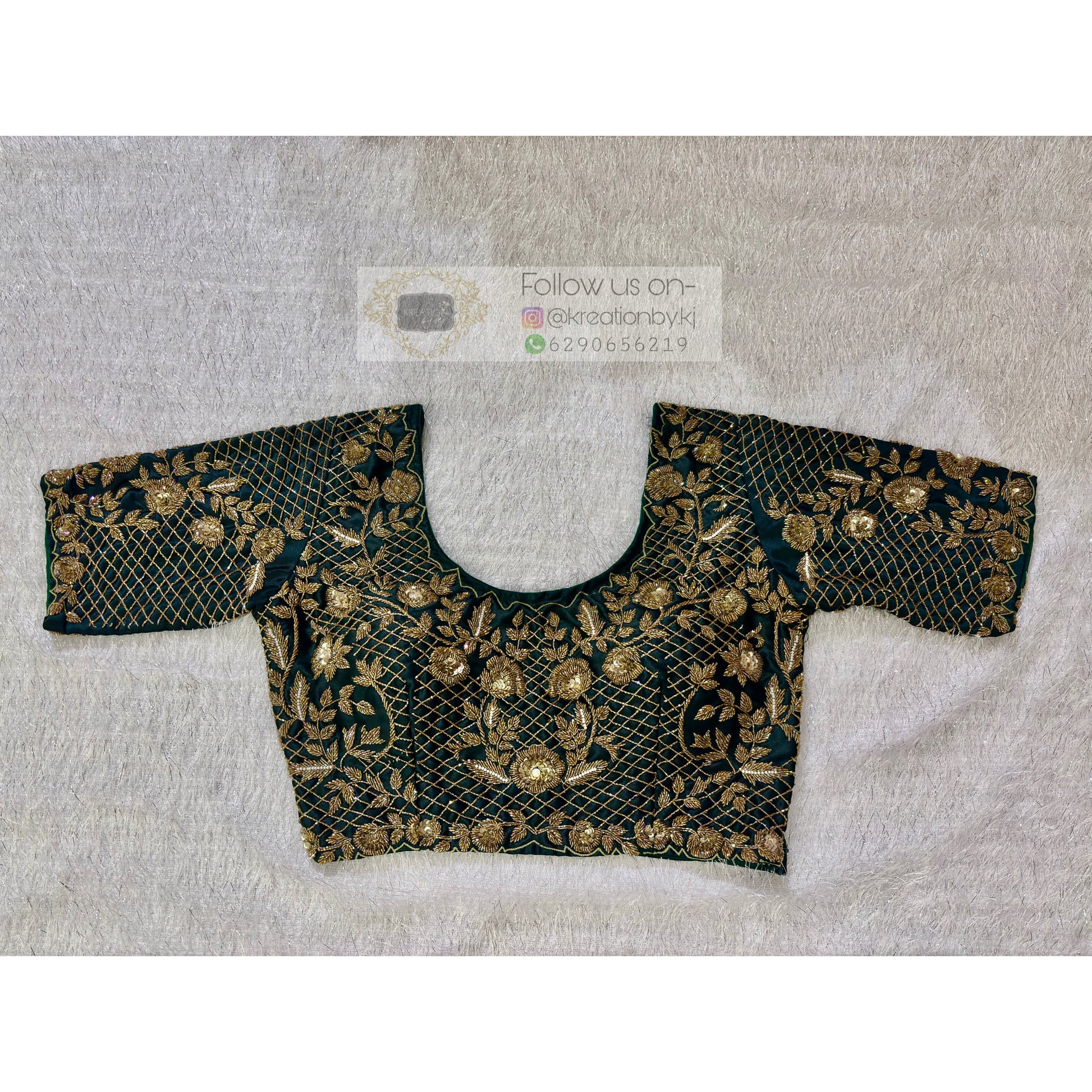 Dark Green Floral Bridal Cutdana Jaal Blouse Piece kreationbykj