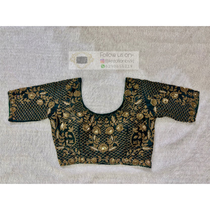 Dark Green Floral Bridal Cutdana Jaal Blouse Piece kreationbykj