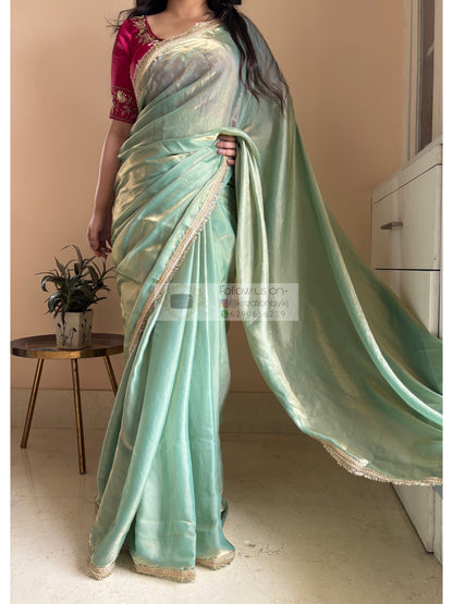 Pastel Green Metallic Shimmer Banno Saree kreationbykj