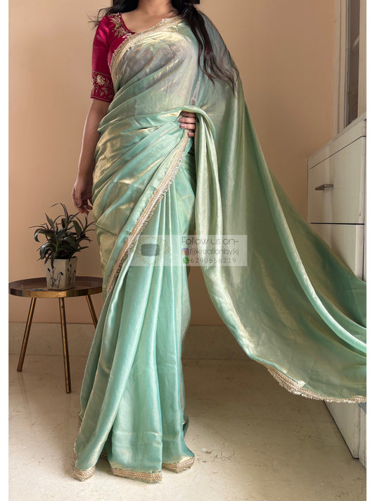 Pastel Green Metallic Shimmer Banno Saree kreationbykj