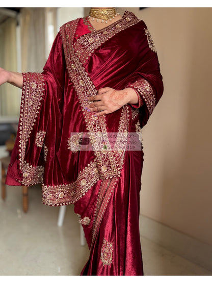 Naaz Burgundy Velvet Saree