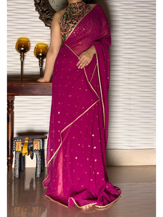 Wine Georgette Sequin Embellished Saree