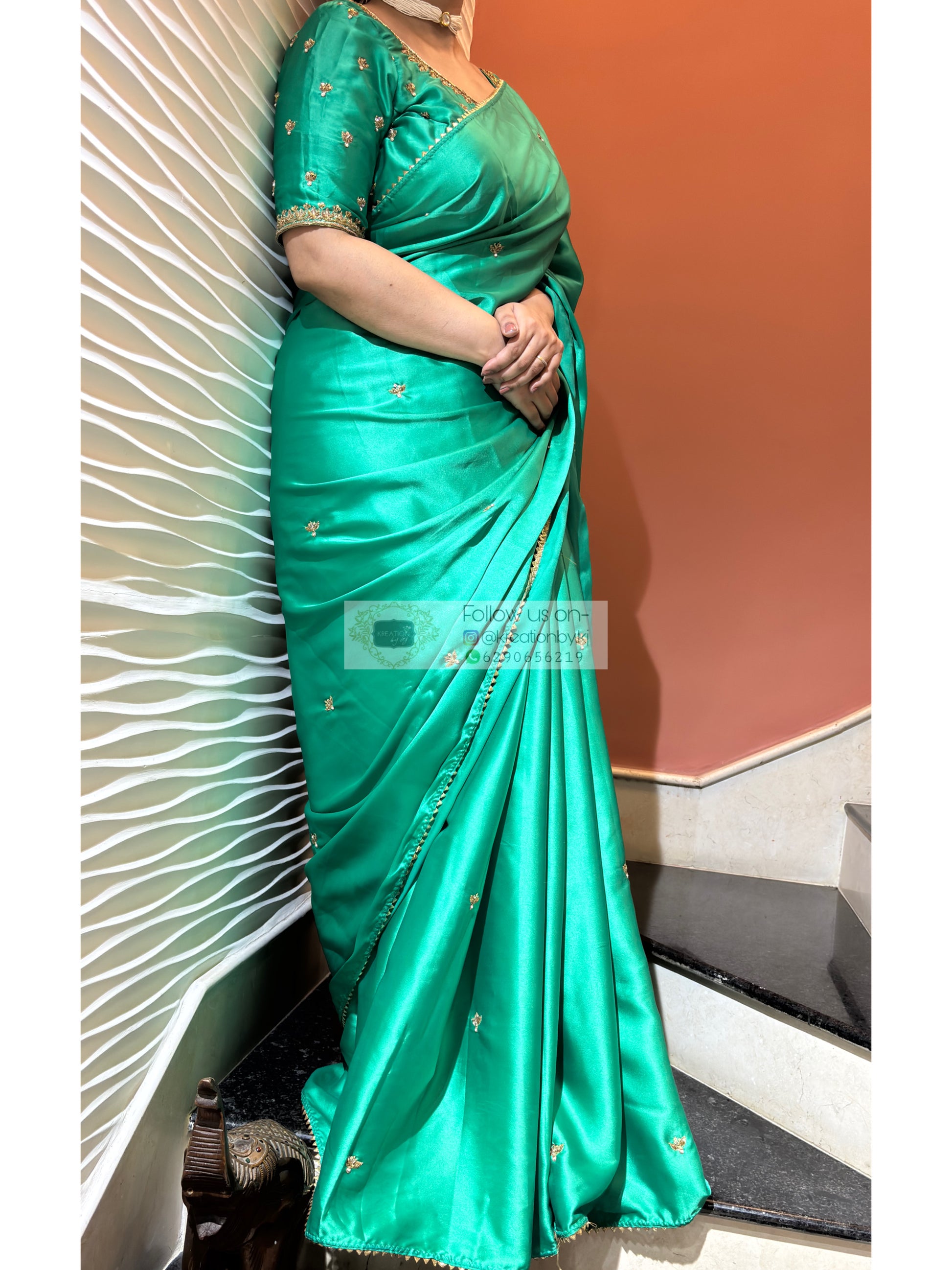 Jade Green Grace Satin Silk Saree - kreationbykj