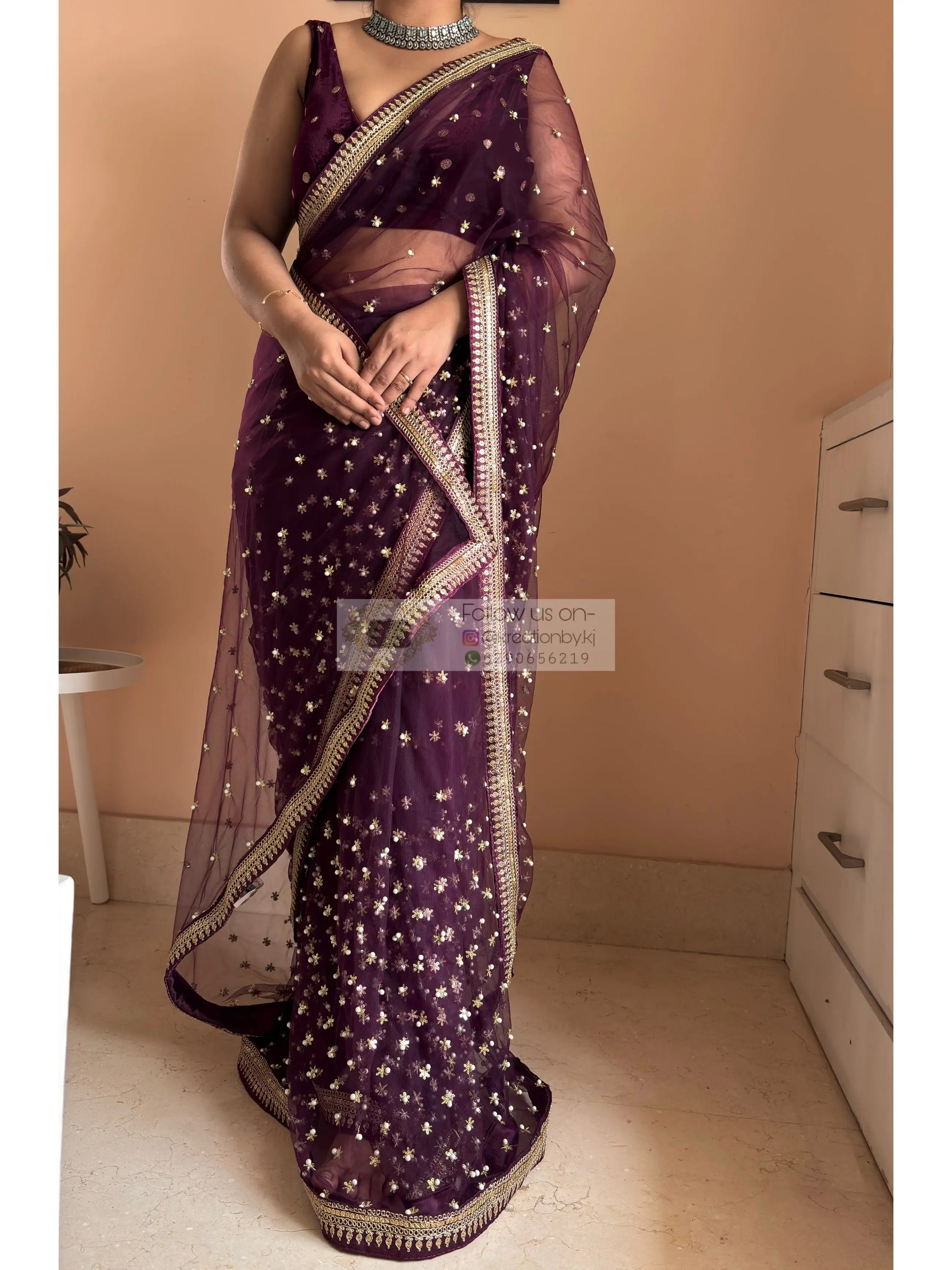 Wine Embellished Net Saree Kreation by KJ