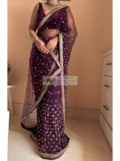 Wine Embellished Net Saree Kreation by KJ