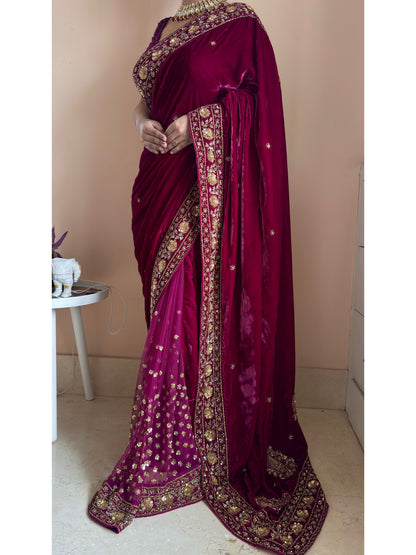 Purple Wine Vows in Velvet Saree